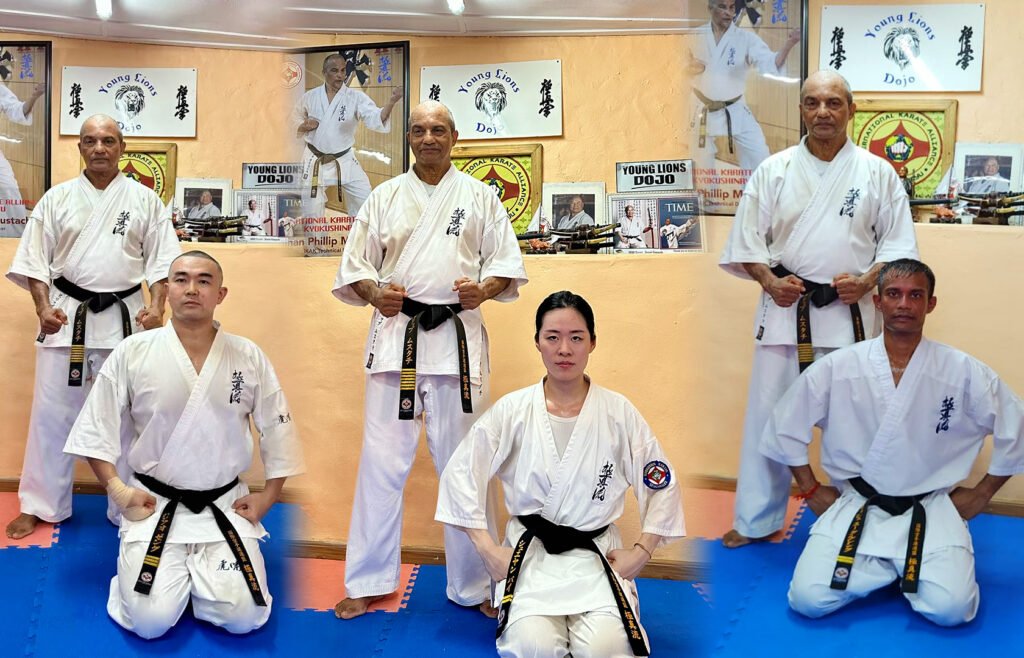 Photo of Sensei Xiao Zheng, Xueyen Bai and Nitish with Shihan Phillip Moustache